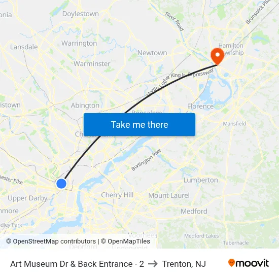 Art Museum Dr & Back Entrance - 2 to Trenton, NJ map