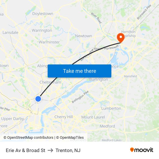 Erie Av & Broad St to Trenton, NJ map