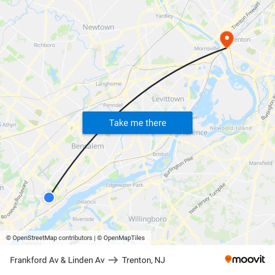Frankford Av & Linden Av to Trenton, NJ map