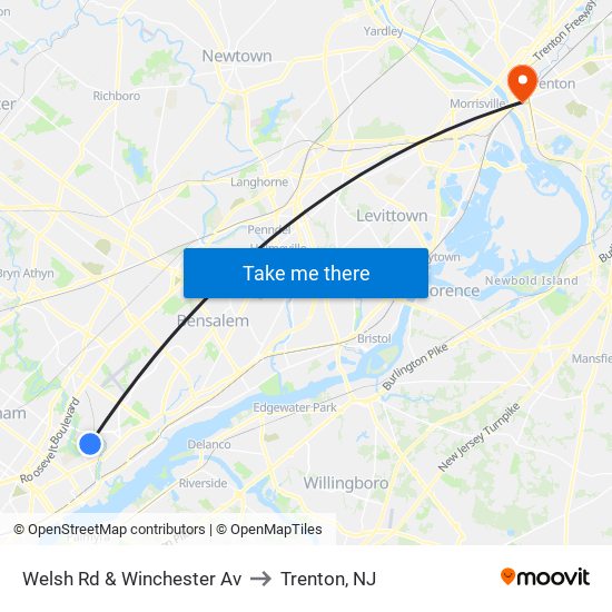 Welsh Rd & Winchester Av to Trenton, NJ map