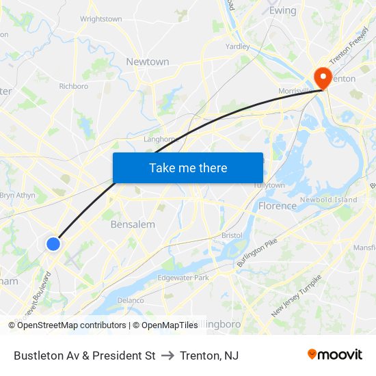 Bustleton Av & President St to Trenton, NJ map