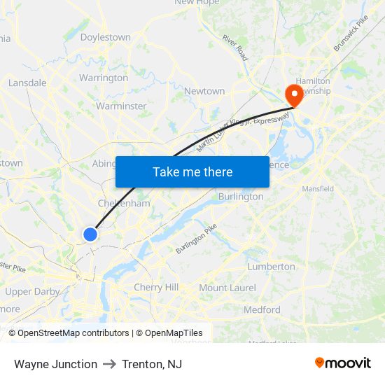 Wayne Junction to Trenton, NJ map