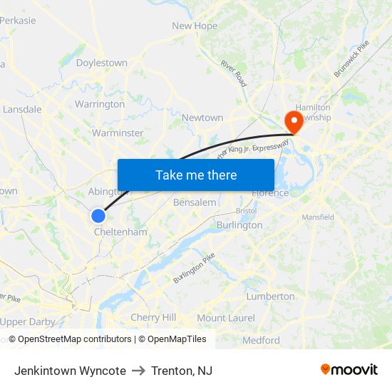 Jenkintown Wyncote to Trenton, NJ map