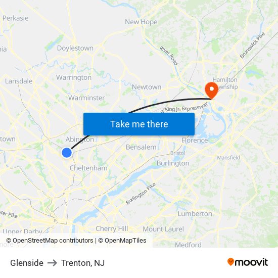 Glenside to Trenton, NJ map