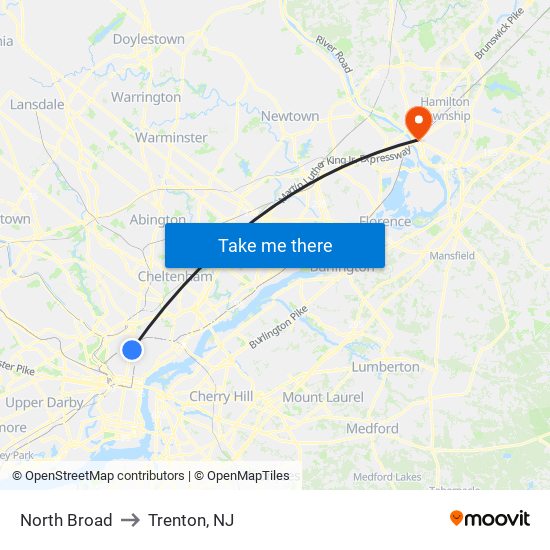 North Broad to Trenton, NJ map