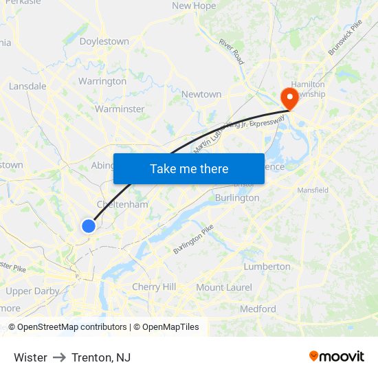 Wister to Trenton, NJ map