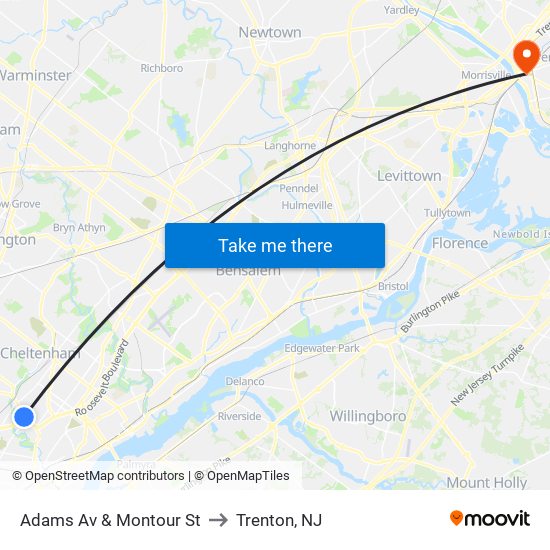 Adams Av & Montour St to Trenton, NJ map