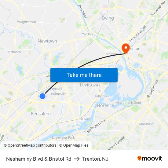 Neshaminy Blvd & Bristol Rd to Trenton, NJ map