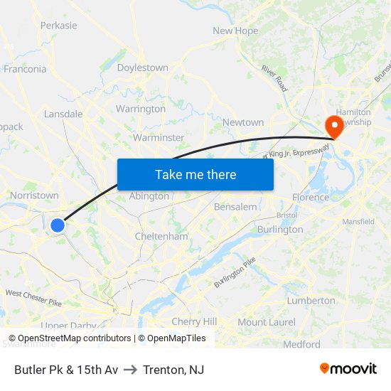 Butler Pk & 15th Av to Trenton, NJ map