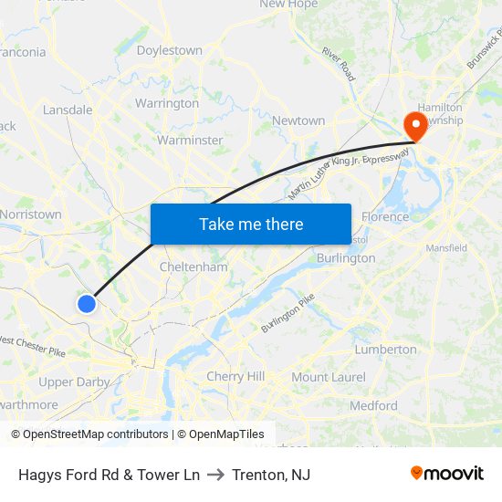 Hagys Ford Rd & Tower Ln to Trenton, NJ map