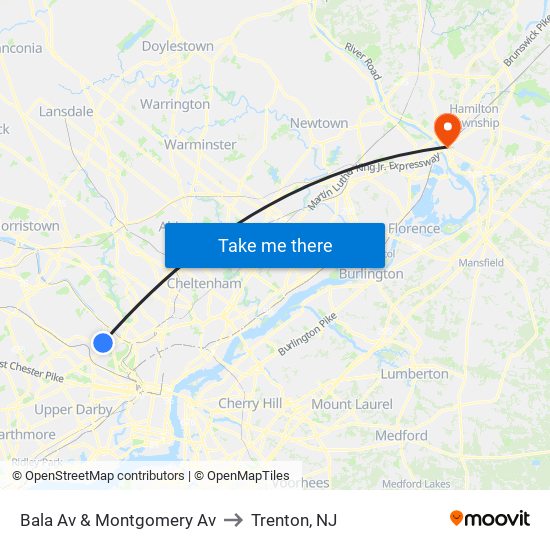 Bala Av & Montgomery Av to Trenton, NJ map