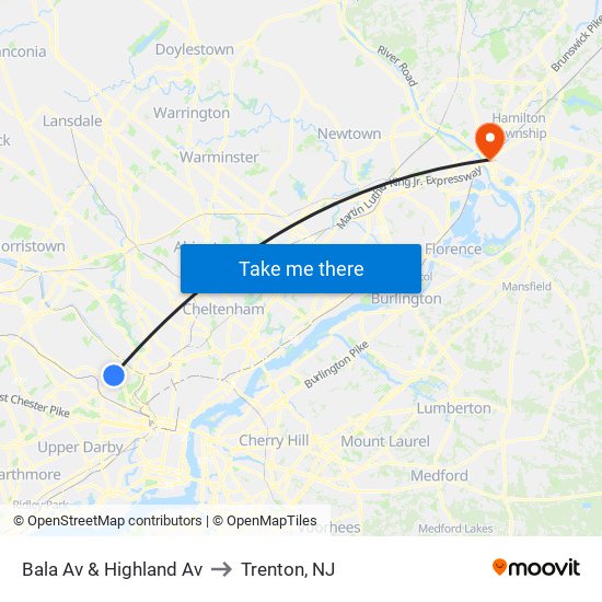 Bala Av & Highland Av to Trenton, NJ map