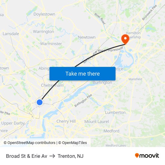 Broad St & Erie Av to Trenton, NJ map
