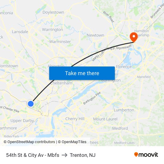 54th St & City Av - Mbfs to Trenton, NJ map