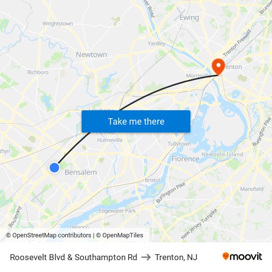 Roosevelt Blvd & Southampton Rd to Trenton, NJ map