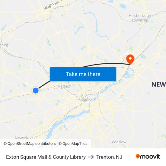 Exton Square Mall & County Library to Trenton, NJ map