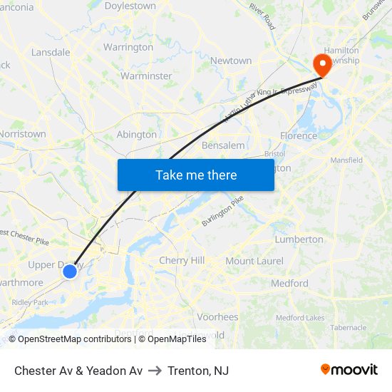 Chester Av & Yeadon Av to Trenton, NJ map