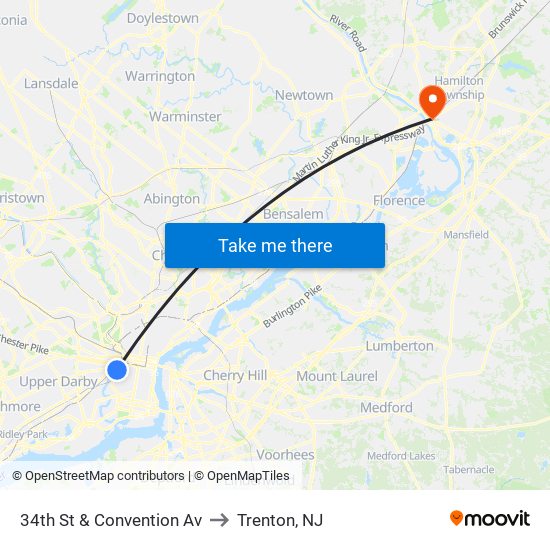 34th St & Convention Av to Trenton, NJ map