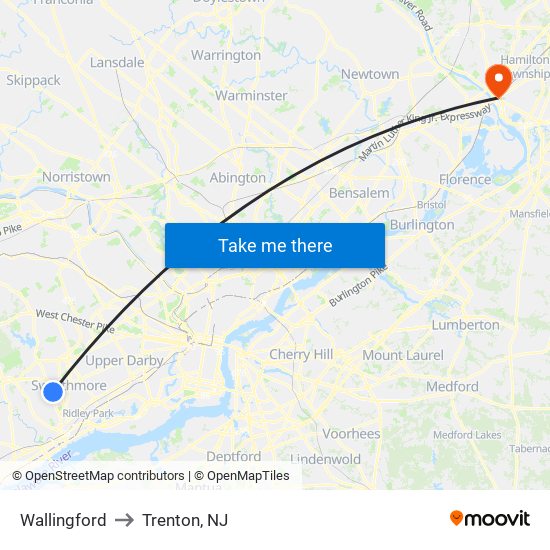 Wallingford to Trenton, NJ map