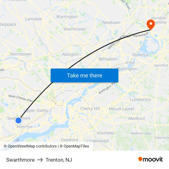 Swarthmore to Trenton, NJ map