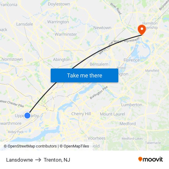 Lansdowne to Trenton, NJ map