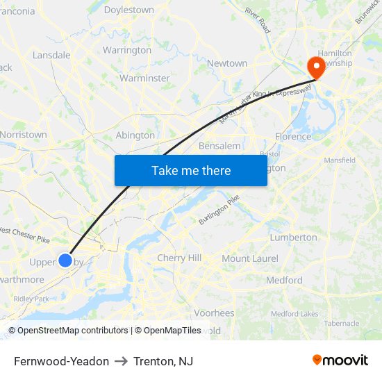 Fernwood-Yeadon to Trenton, NJ map