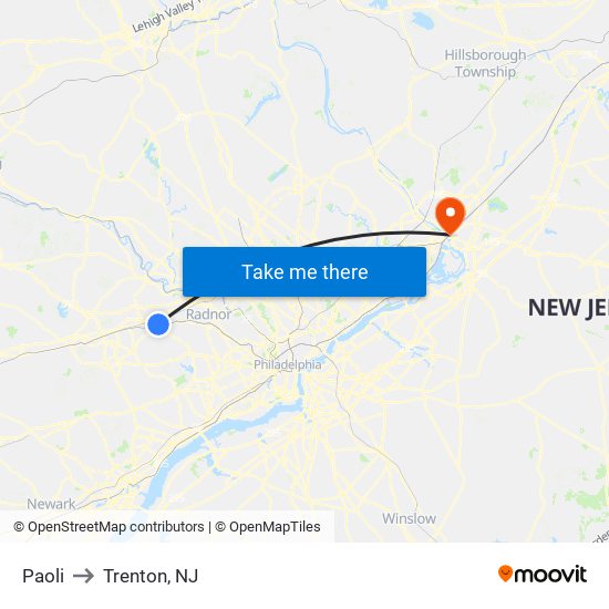 Paoli to Trenton, NJ map