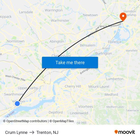 Crum Lynne to Trenton, NJ map