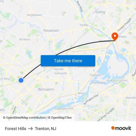 Forest Hills to Trenton, NJ map