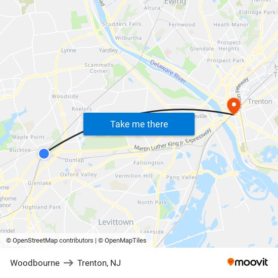 Woodbourne to Trenton, NJ map