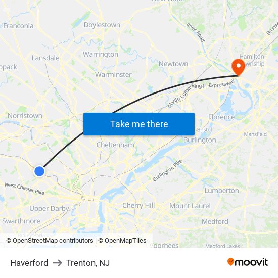 Haverford to Trenton, NJ map