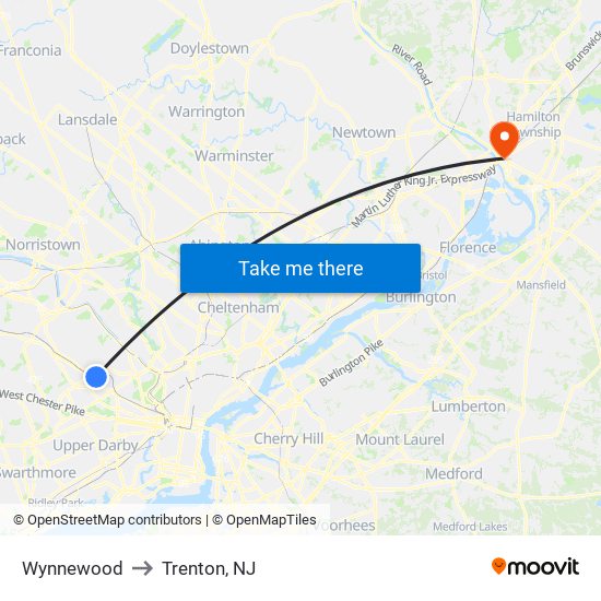 Wynnewood to Trenton, NJ map