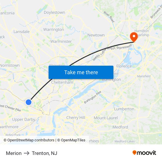 Merion to Trenton, NJ map