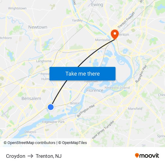 Croydon to Trenton, NJ map