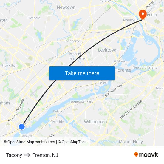 Tacony to Trenton, NJ map