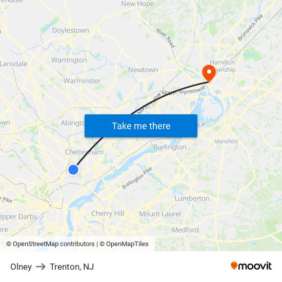 Olney to Trenton, NJ map