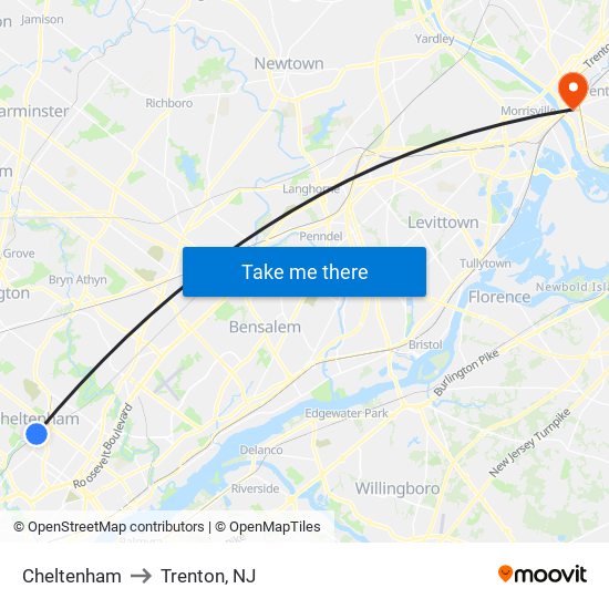 Cheltenham to Trenton, NJ map