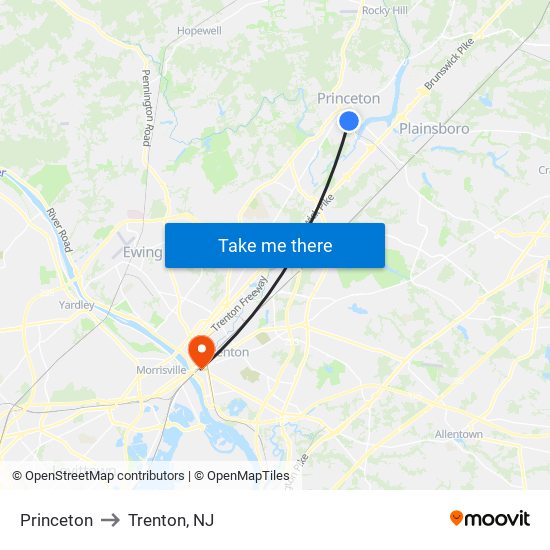 Princeton to Trenton, NJ map