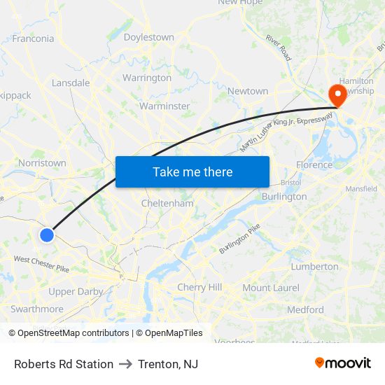 Roberts Rd Station to Trenton, NJ map