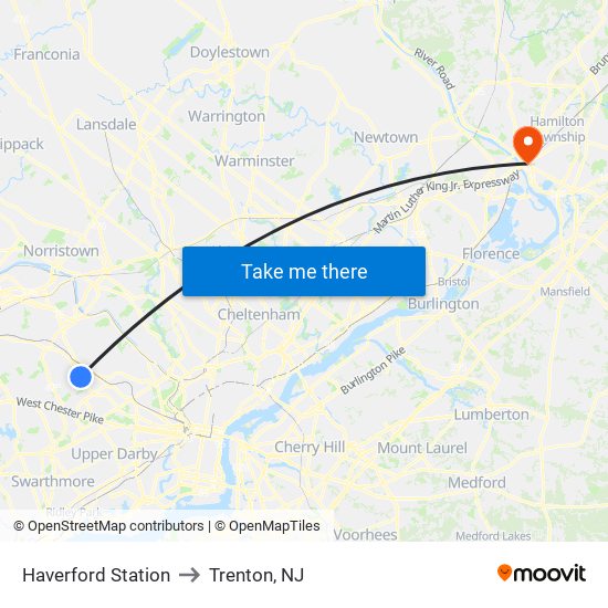 Haverford Station to Trenton, NJ map