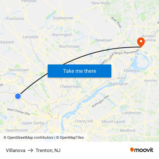 Villanova to Trenton, NJ map