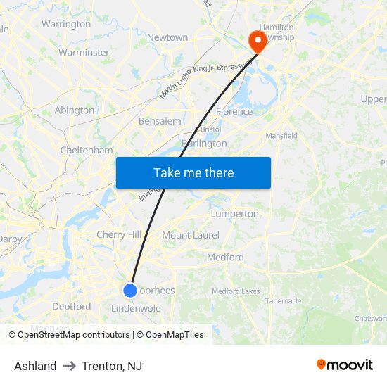 Ashland to Trenton, NJ map