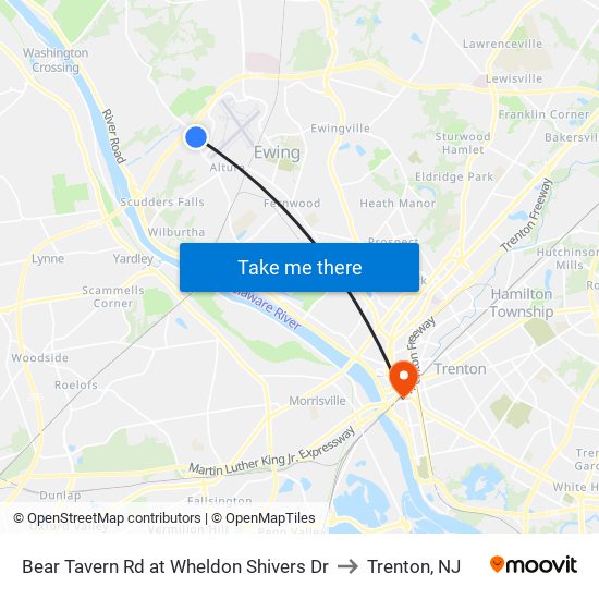 Bear Tavern Rd at Wheldon Shivers Dr to Trenton, NJ map