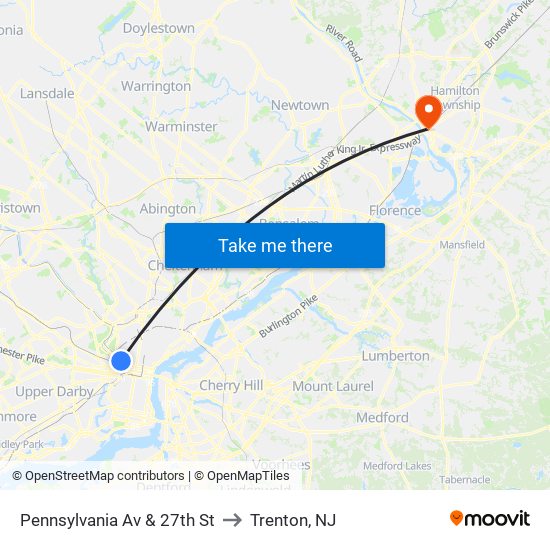 Pennsylvania Av & 27th St to Trenton, NJ map