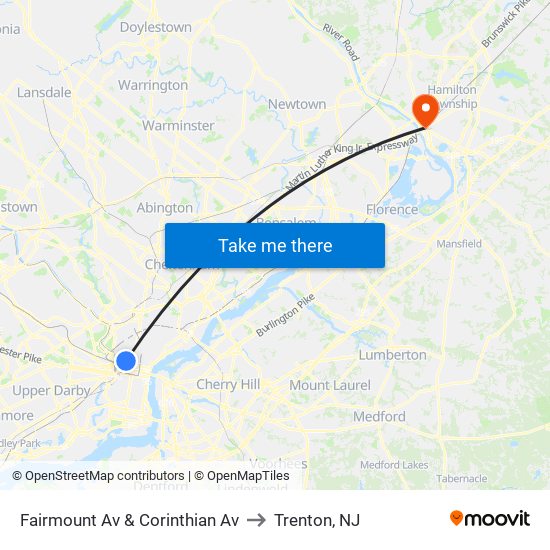Fairmount Av & Corinthian Av to Trenton, NJ map