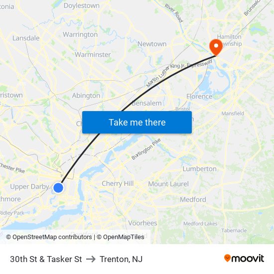 30th St & Tasker St to Trenton, NJ map