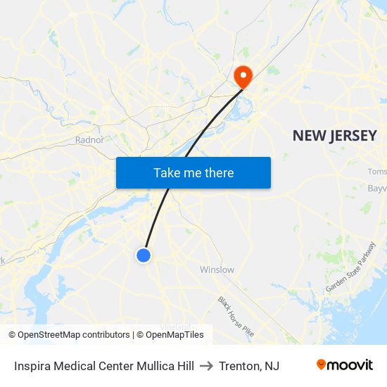 Inspira Medical Center Mullica Hill to Trenton, NJ map