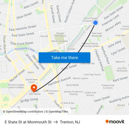 E State St at Monmouth St to Trenton, NJ map