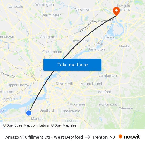 Amazon Fulfillment Ctr - West Deptford to Trenton, NJ map