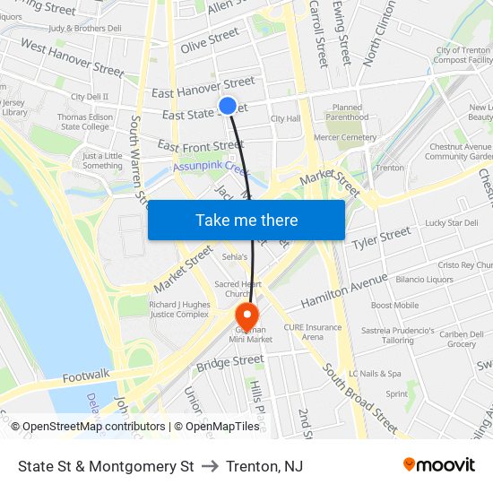 State St & Montgomery St to Trenton, NJ map